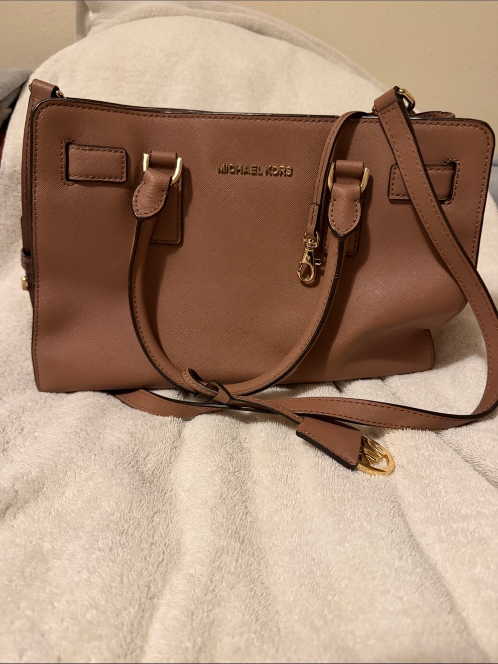 Michael Kors Brown Saffiano Satchel with Gold Hardware